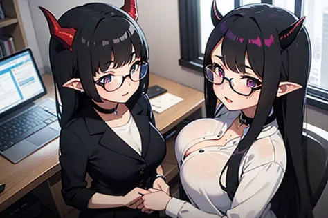 ((masterpiece, the best quality, 4k)), 2 girls, ((seen from above)), long hair, black hair, purple eyes, glasses, glasses, ((white long sleeve shirt)),  choker : 1.6, blunt bangs, straight hair, boring, (huge breasts), thick lips, indoors,  cubicle , offic...