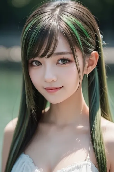 1 girl, Alone, hair ornament, green hair, twin tails, long hair, dress, water,, Mid-range portrait photography ,, Dark Fantasy Backdrop , Charming grin., ultra-realistic and highly detailed intricate photorealistic analog style photography ,Sharp focus of ...