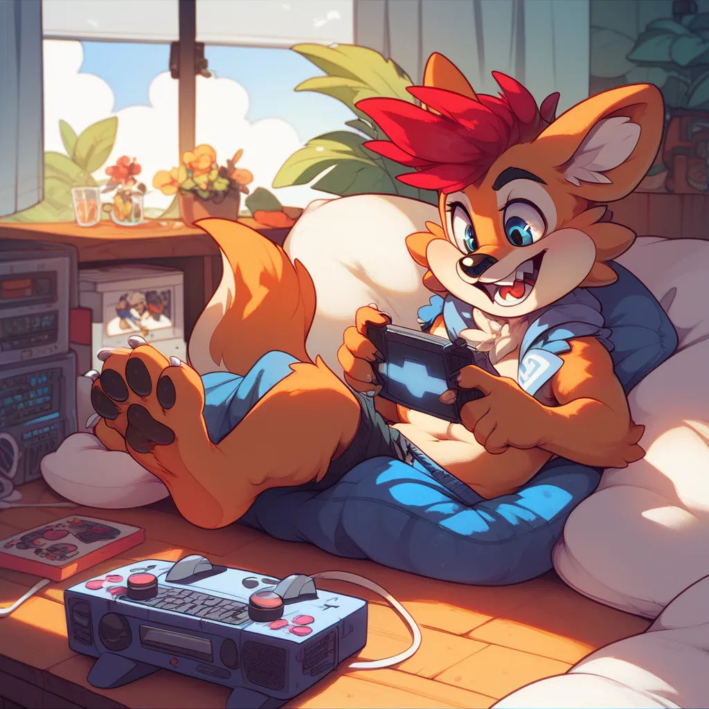 4 Furry Lobo friends playing video games on consoles with different perspectives 