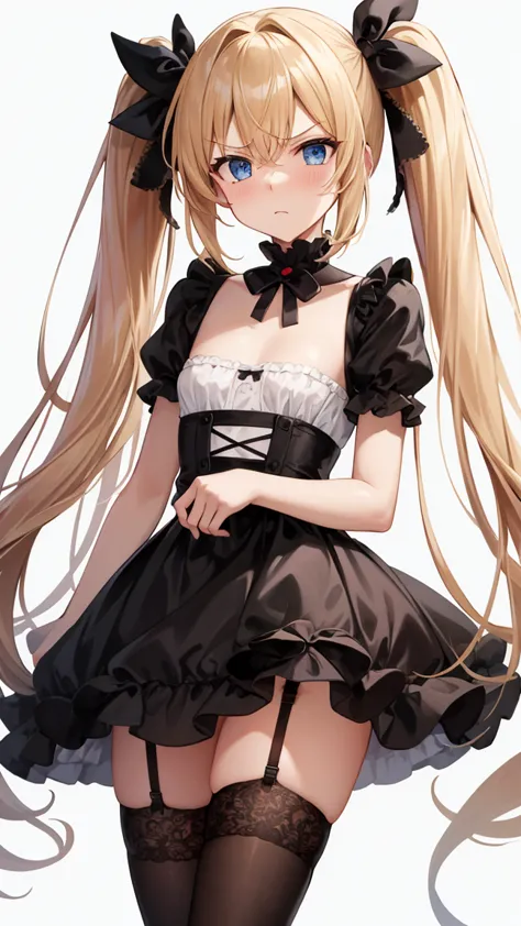 {{{masterpiece}}},{{{best quality}}}, {{super detailed}},{{very delicate and beautiful}},{{{blond with a big face}}},{{{twin tails}}},{{small breasts}},{{ troubled face}},{embarrassed face},{gothic loli},{garter belt}