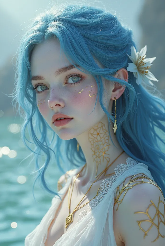 You can make me a white woman with blue hair with golden marks on her body and gray eyes 