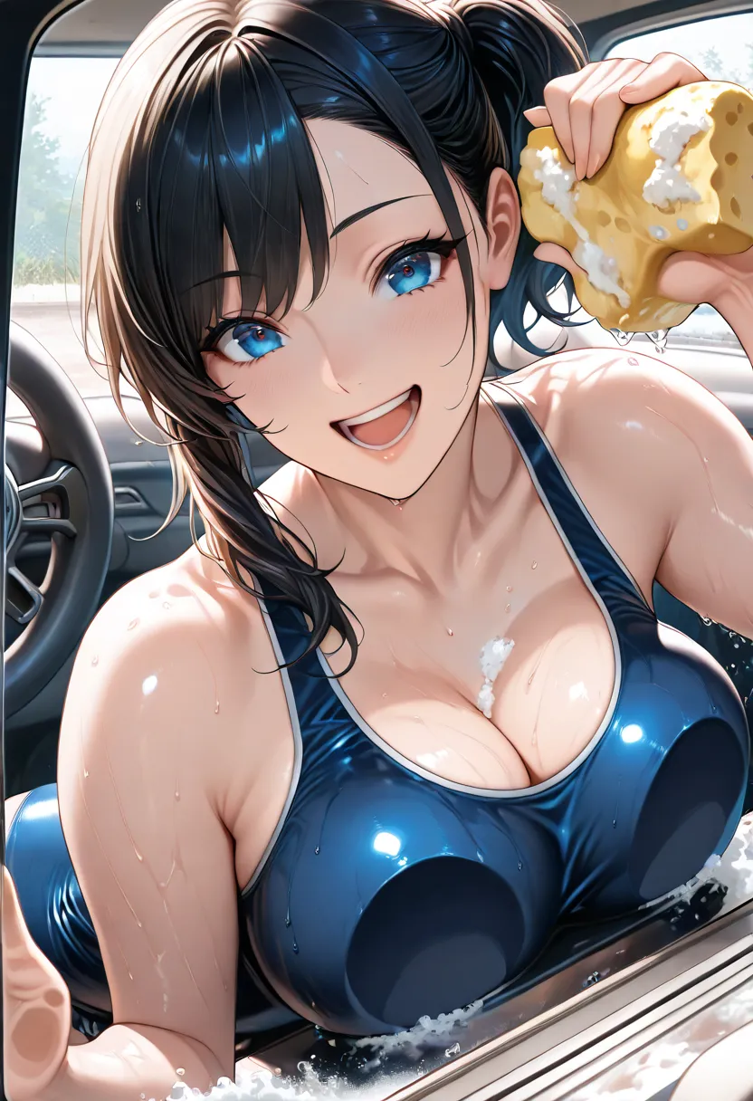 polar bear behind one young woman , (smile, happy, open your mouth :1.2), black hair, side ponytail, asymmetrical hair , beautiful blue eyes, beautiful lips, very well detailed目と顔, long eyelashes, beautiful big breasts, ( school swimsuit), ((Washing the ca...