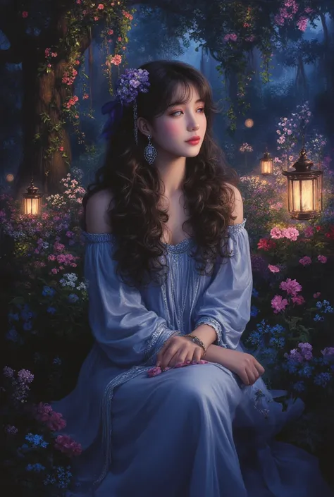 ((Beautiful girl sitting under the moonlight in a beautiful garden lit by hanging lanterns:1.5)), dreamy expression, long flowing hair, elegant dress, moonlit garden, bright moonlight, dramatic lighting, cinematic atmosphere, detailed portrait, photorealis...