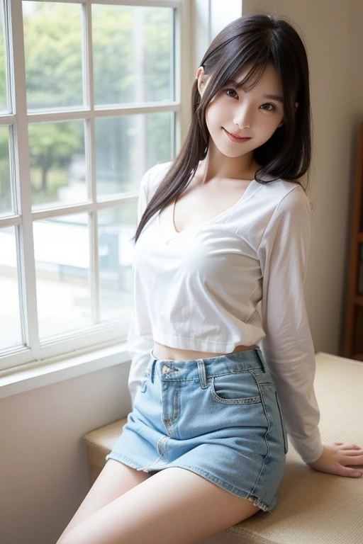 A Japanese model wearing a pastel blue shirt and white miniskirt is sitting by the window and posing、semi-long black hair、Neat and beautiful Japanese idol、looking at camera、 beautiful eyes down to the smallest detail 、 cute smile、kind expression 