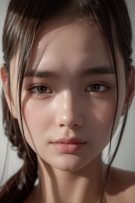 fair skin with subtle oil sheen and visible pores, cinematic lighting, extreme close-up shot, 1 girl, detailed facial features, subtle expression, realistic skin texture, pores and fine lines, high resolution, 8K, ultra-detailed, realistic, photorealistic,...