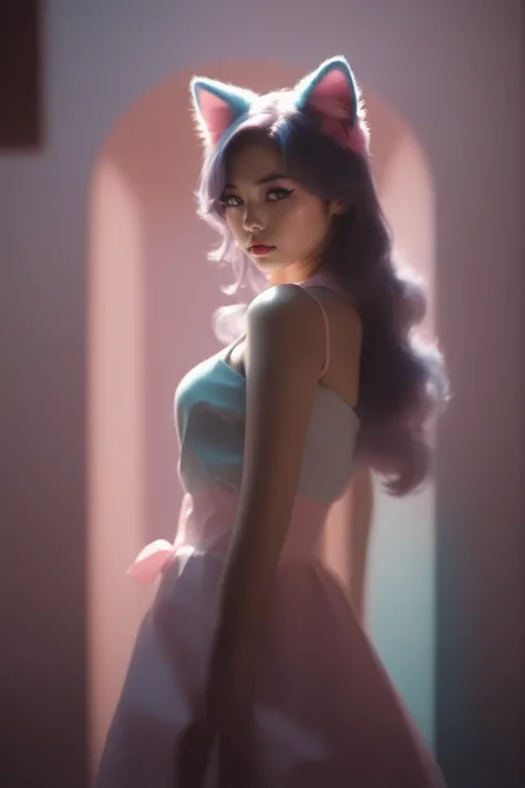 random hot and busty korean catgirl, cat ears, pastel color palette, no background, pastel background, colorful background,