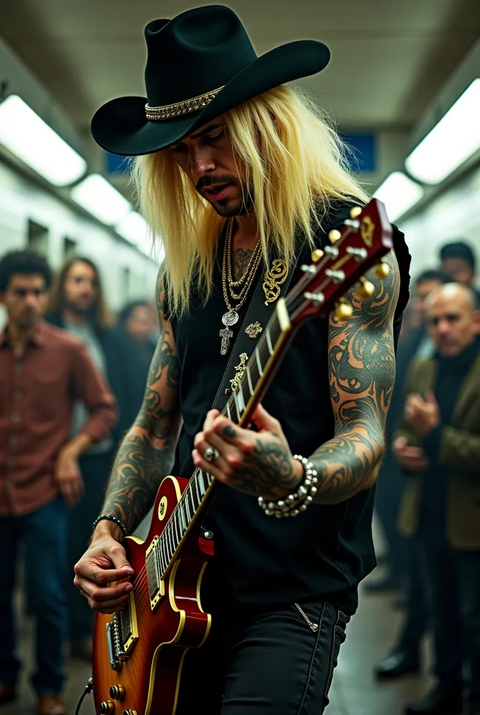 Create an image of a very famous guitarist with big blond hair who wears a rock-inspired black hat with his arms tattooed on his sample and his face covered by his hair , Scenario in the subway 