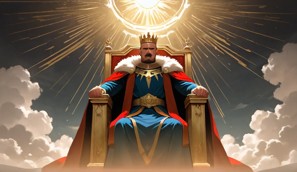 A view of the Cloud King, an imposing man with a crown of rays, watching from his throne on a floating fortress.