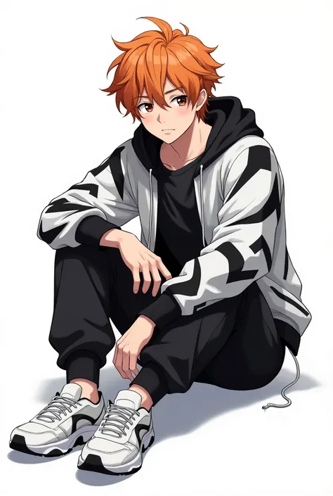 


Create an anime-style illustration of a man with tousled soft orange hair . He has sweet dark brown eyes. He is dressed in stylish streetwear, wearing a white and black hoodie with geometric patterns, with the hood up, his hair and adding to his enigmat...