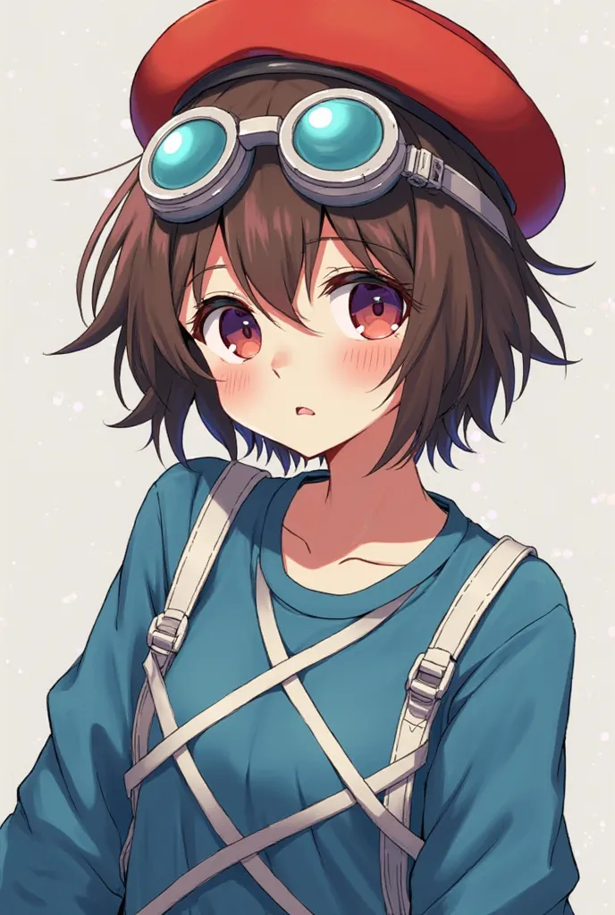 Anime with red hat short brown hair long sleeve blue with white straps and lenses on the face