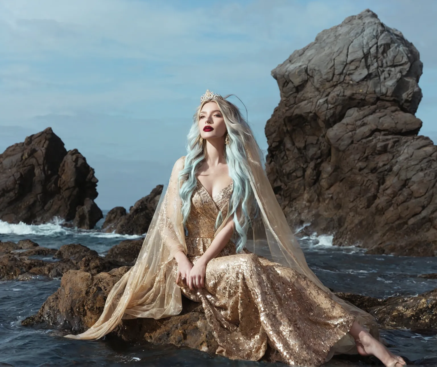 A woman with long, wavy, light-colored hair styled in a flowing fashion and wearing a metallic gold, sequinned gown, and sits on a rock in front of the ocean, The ocean behind her is choppy with white highlights on the waves, Behind the woman, to the right...