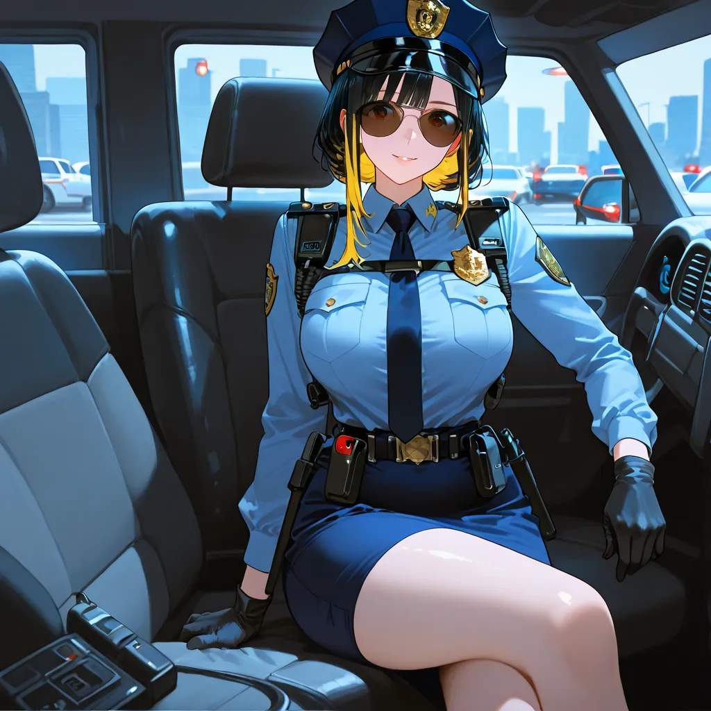 Anime-style. A roughly 30-year-old police officer, with a curvy and sensual figure, is sitting in the driver’s seat of her police car with the door open, adopting a casual yet professional demeanor. She has long black hair with blonde streaks, slightly tou...