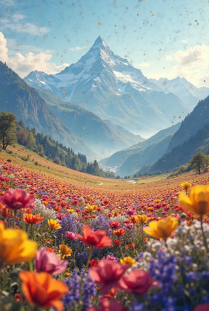 Beautiful flower field, mountain view in the back