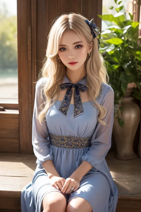  One Girl ,  long hair, Light Hair Color,  enchanting eyes,  Mysterious Expressions , Mature Appearance, Attractive dress,  Relaxed Dress, Graceful Jewels , Intricate decoration, Magic symbols, Glowing Accessories,  potion , Scroll, Cute accent, bow, ribbo...