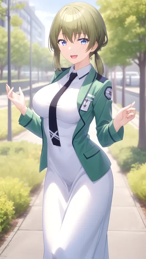 masterpiece, best quality, girl, solo, looking at viewer, mitsuru_abe, large breasts, school uniform, magic_high_school_uniform,green jacket,white dress,black necktie, standing, smile, open mouth, outdoors