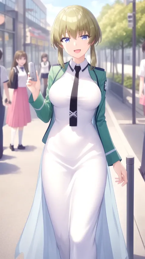 masterpiece, best quality, girl, solo, looking at viewer, mitsuru_abe, large breasts, school uniform, magic_high_school_uniform,green jacket,white dress,black necktie, standing, smile, open mouth, outdoors