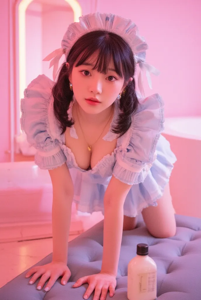 ((top quality)), ((masterpiece)), (ultra detailed),(8k),one Japanese girl, age 18,japanese idol face,droopy eyes,smile ,open mouth,look at me ,face shot,black tying hair, white skin ,pastel blue french maid costume, bare shoulder, ribbon accents,cleavage, ...