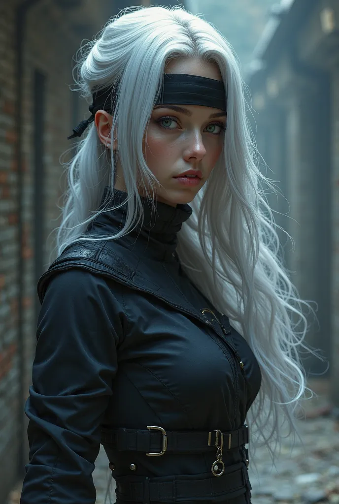 Kakashi Hatake female with long silver hair and her left eye covered by a ninja forehead band