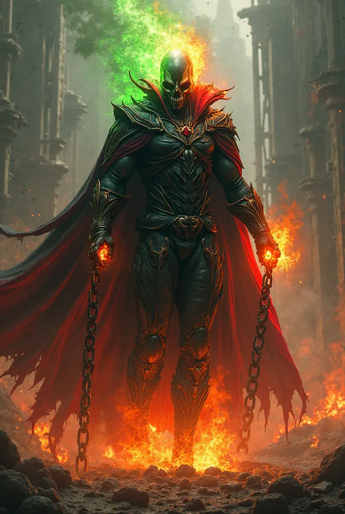 Here’s a detailed prompt for your Spawn and Ghost Rider fusion:

"A dark and menacing fusion of Spawn and Ghost Rider, standing in a hellish landscape engulfed in fire and shadow. This hybrid warrior has Spawn’s sleek black armor with crimson demonic accen...