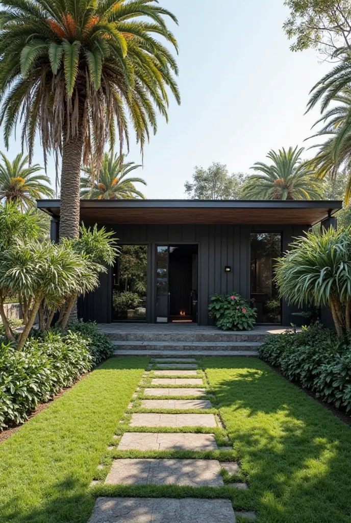 Outside 
Large garden with grass and two palm trees

 Courage for 2 cars

high wall with garage gate and small gate 

Cinza house 

Black glass windows

 Just one floor

Something farther away from the streets, something more hidden in Nature