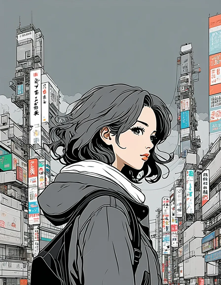  collage 、minimalist幾何学，多層 collage，不規則にクロップされた写真で collageを作成する、, Grey Sky ，anime  Line Art, girls, Beautiful, Cyberpunk, ink paint  Line Art, vector art, Bold Line, 、Technical Drawing, ( Line Art:1.4), minimalist, masterpiece,Optimal quality