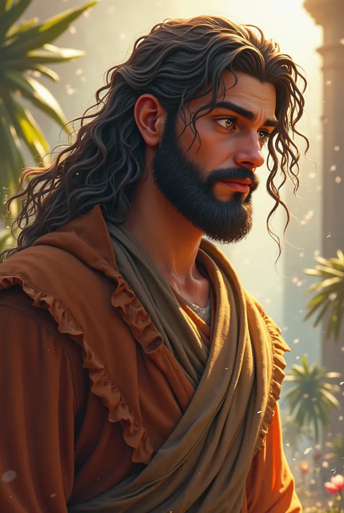 Bearded boy religious expression long muscular hair 3D Pixar Disney style cartoon 