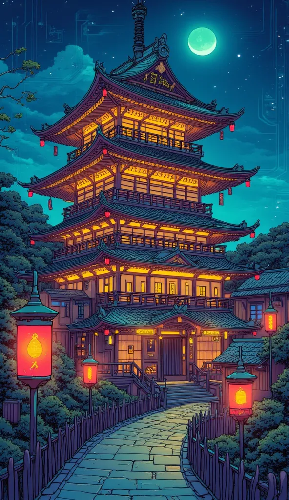 "SeerLight-inspired illustration, (soft neon glow:1.2), anime cyberpunk, cozy atmosphere, highly detailed, cinematic lighting, LoRA:seerlightStyle-v1.0:1.5" A grand, multi-tiered traditional Japanese bathhouse glowing warmly in the night, viewed from a dis...