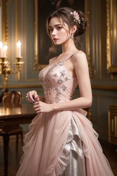 woman, Serious,  elegant ,   pink dress in hand , Aristocratic, silver element, Long nails,  shoulder out,  hairstyles at their best, hair up,  braids and ponytails, Messy, arrogant, absurdes,  detailed dress , Royalty, celebration,  flower-adorned hall , ...