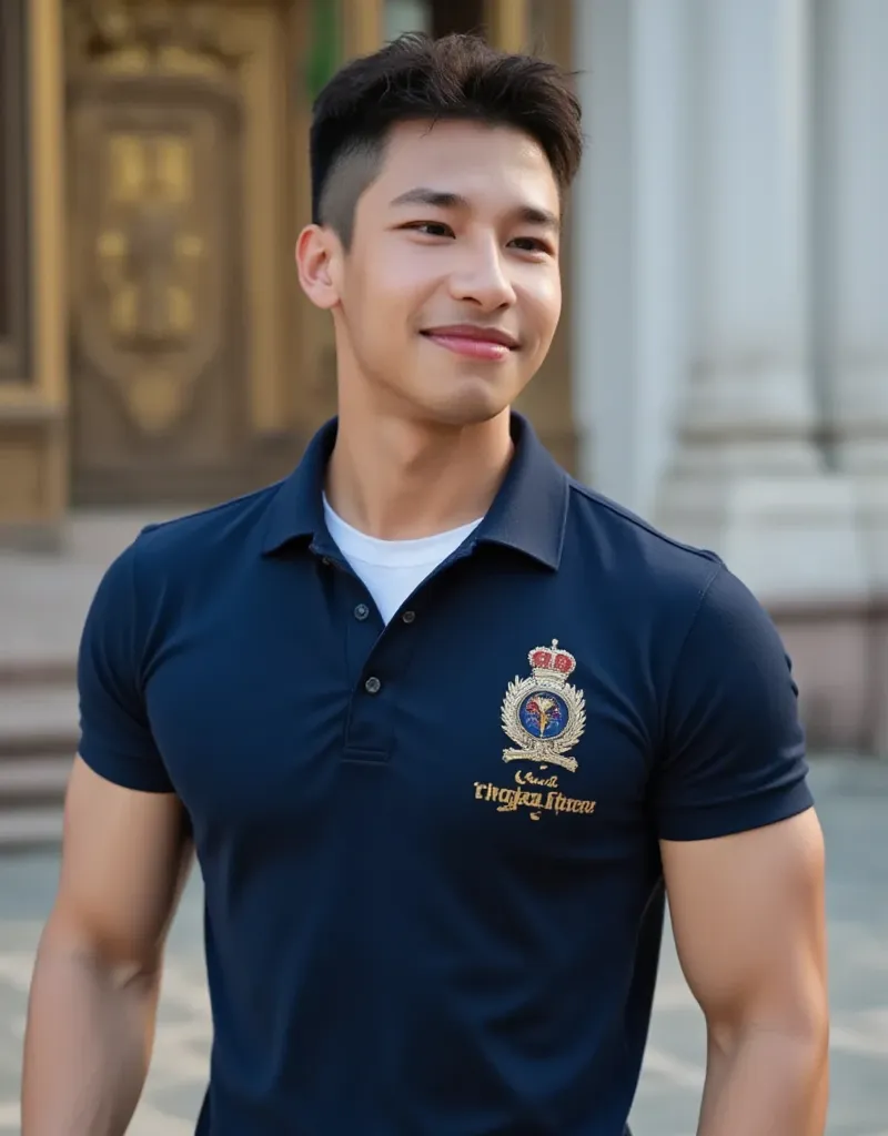 A young Asian handsome  man, hair skinhead  ,wearing navy polo shirt with thai police logo ,and white t-shirt in the polo  , walking, smiling painfully
