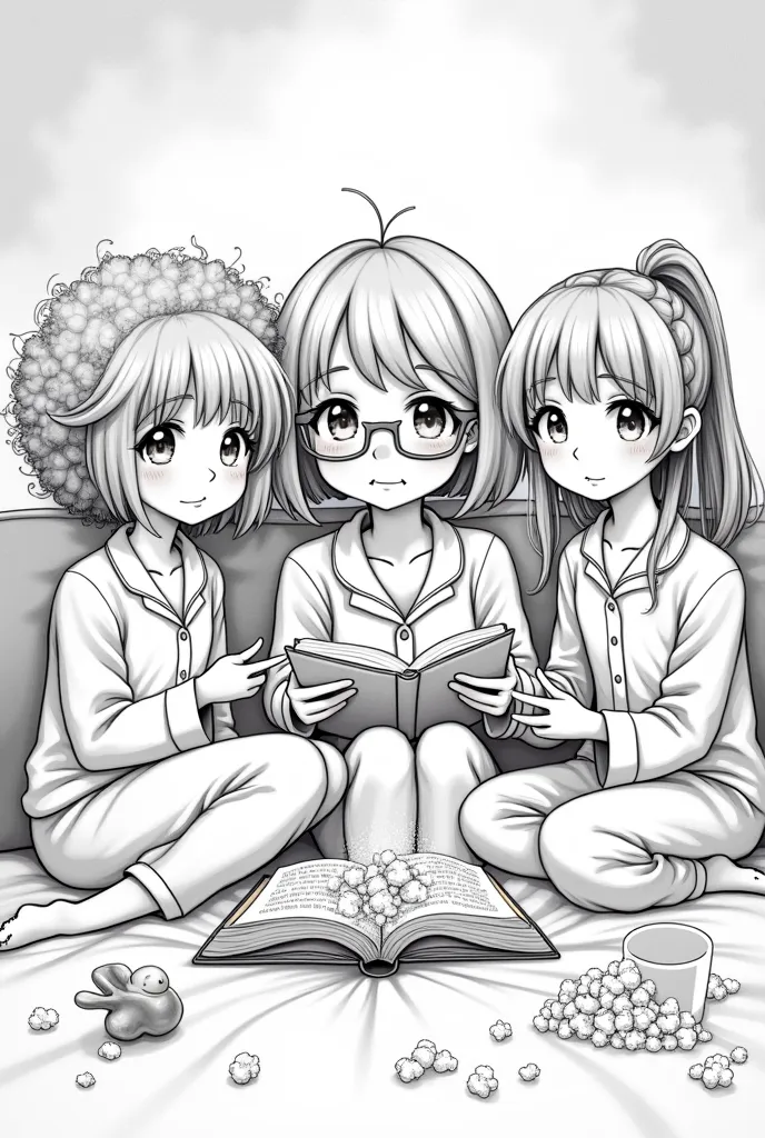 Illustration with five s at a pajama party, the drawing has to be in black and white for ren to paint the features of the s a curly hair and glasses the second straight hair round face the third short hair droopy eye, the third two braids the fourth ponyta...