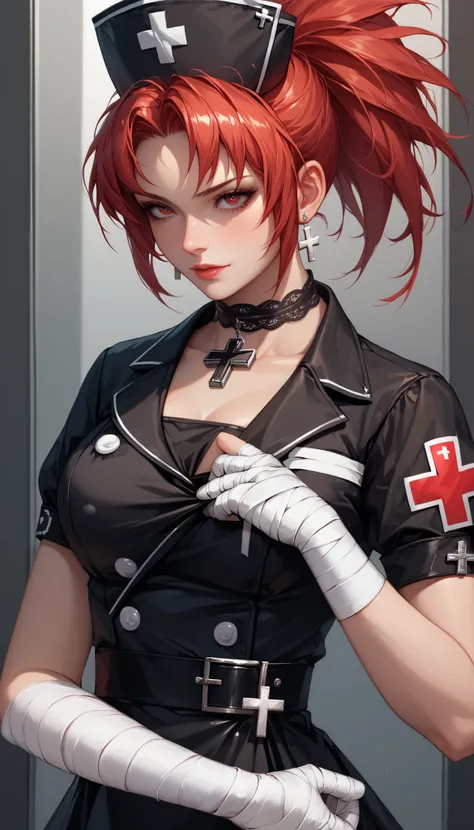 bright red hair, ponytail, red eyes, PonyLeona, triangle earrings, black gothic lolita nurse style with many bandaged on limbs,elegant luster of black silk, made of black silk nurse costume, uniform black costume,(dressing roll-bandages around limb:1.2),bl...