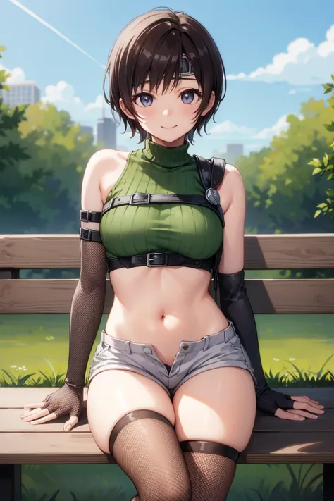 yuffiekisaragi, Yuffie Kisaragi,Haircuts, pixie cut,
壊す crop top, fingerless gloves, fishnet Thighhighs, fishnet, forehead protector, gloves, head band, belly button, short shorts, shorts, single sleeve, single thigh high, No sleeve, No sleeve turtleneck, ...