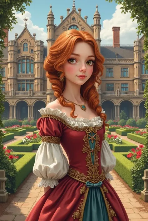 Illustration of a young girl with auburn hair and brown eyes, styled in a Tudor fashion, wearing a rich Tudor dress and standing in front of a magnificent Tudor-style mansion with expansive gardens.