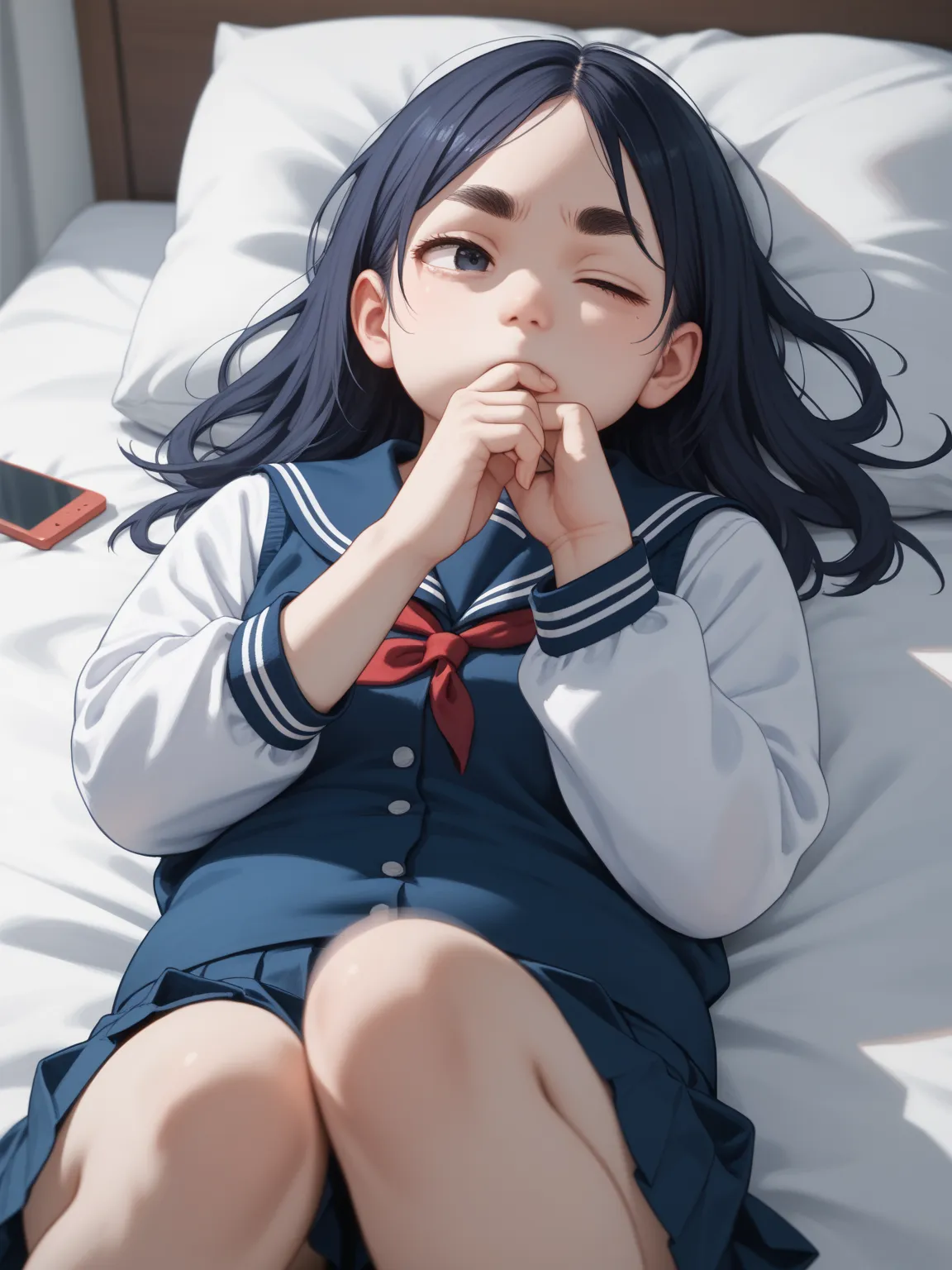 (Upper body only) , size out school uniform , (looking smartphone:1.2) , lying on bed , (smartphone on hand) , (Intense Sway vertically upper body motion blur) , Sway vertically breast
, kawaii anime petit girl, round eyebrows, round face, single eyelid, b...