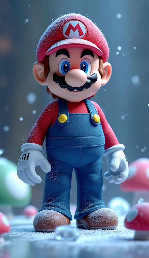 Create a realistic image of a fusion between Elsa (frozen) e mario (Super mario). The character must have detailed human features, combinando o rosto forte e expressivo de mario com a elegância e os olhos brilhantes de Elsa. Seu cabelo deve ser uma fusão d...