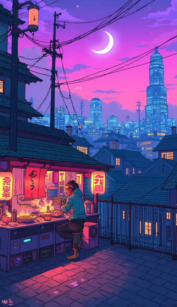 "SeerLight-inspired illustration, (soft neon glow:1.2), anime cyberpunk, cozy atmosphere, highly detailed, cinematic lighting, LoRA:seerlightStyle-v1.0:1.5"  A futuristic yet cozy ramen shop nestled in a neon-lit city at dusk, viewed from a slightly distan...