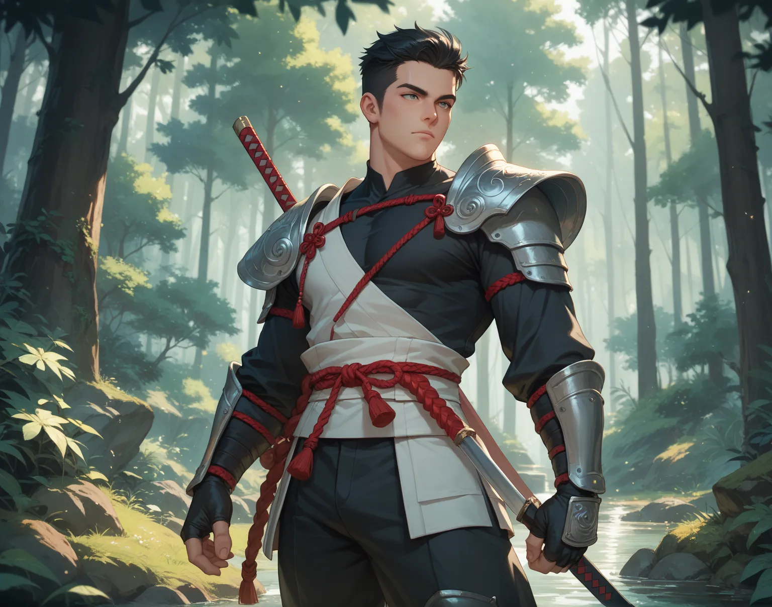 A boy with black hair left shoulder has samurai armor black shirt black pant standing in the dark forest