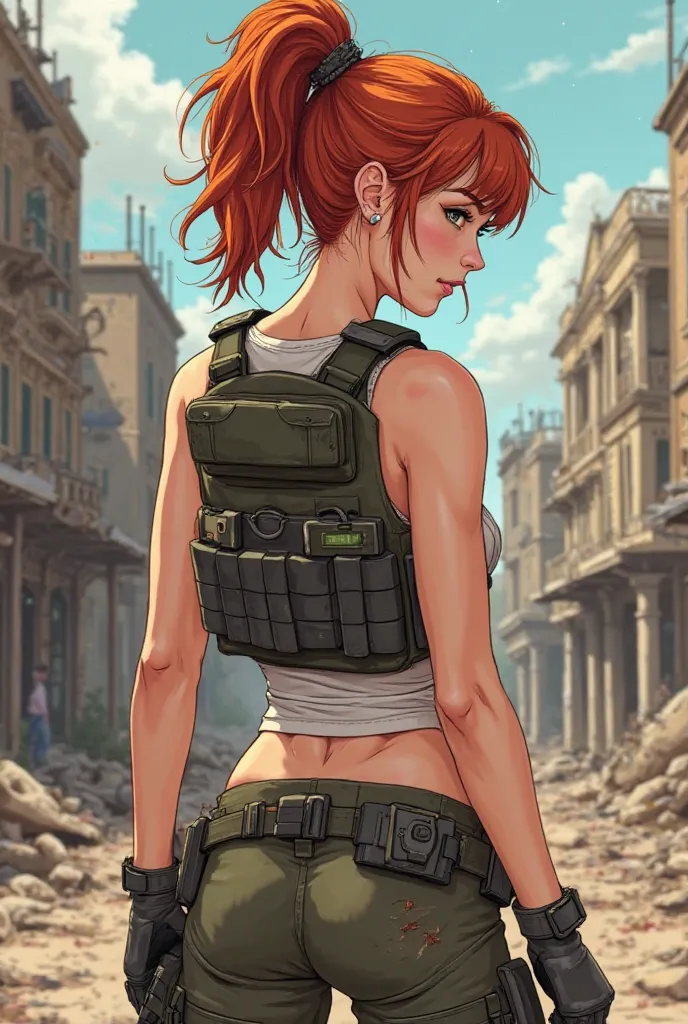 A sexy red-haired woman, She has her hair tied, He is wearing a white tank top , with a bulletproof vest, There's an AK 47 on the back, she wears well-bonded tactical leggings, She has a sexy body and a thin hip, The one with an, and your breasts are dirty...