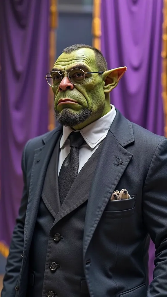 An orc with glasses and short black hair,small round glasses,suit and shirt ,He is not wearing a tie,purple banners behind