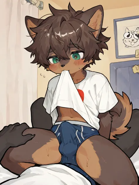  source_ furry, hadrian , furry male， elementary school students，((boy   )),  Dog boy  ，short hair,masterpiece, newest,absurdres, incredibly absurdres, messy hair, cute anthro, Alone，white shirt， A boy  knelt beside the boy , grabbing another's thigh, men'...