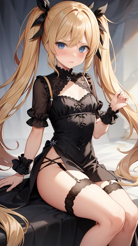 {{{masterpiece}}},{{{best quality}}}, {{super detailed}},{{very delicate and beautiful}},{{{blond with a big face}}},{{{twin tails}}},{{small breasts}},{{ troubled face}},{embarrassed face},{balck gothic loli}{black fashion, dress},{black garter belt},{whi...