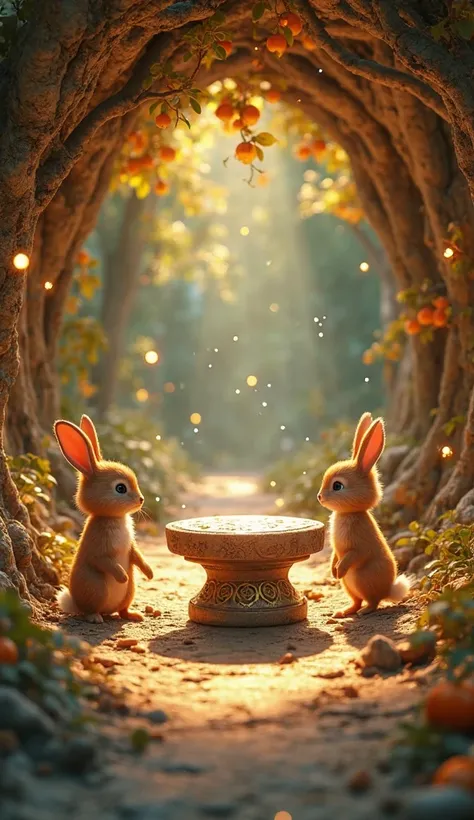 Scene 4: The Surprise Inside

Prompt:
"Inside the tunnel, the baby rabbit and baby parrot discover a magical garden hidden underground. There are shimmering fruit trees with golden leaves, a small crystal-clear waterfall, and tiny fireflies glowing in the ...