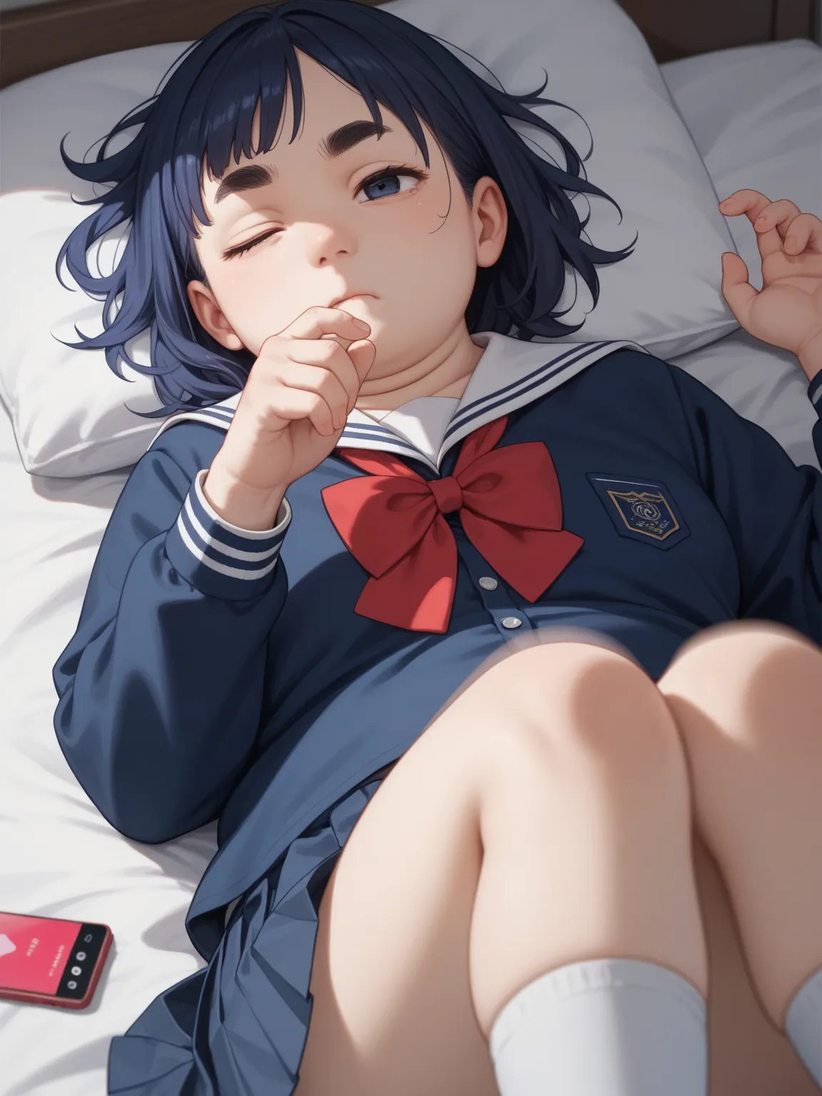 (Upper body only) , size out school uniform , (looking smartphone:1.2) , lying on bed , (smartphone on hand) , (Intense Sway vertically upper body motion blur) , Sway vertically breast
, kawaii anime petit girl, round eyebrows, round face, single eyelid, b...