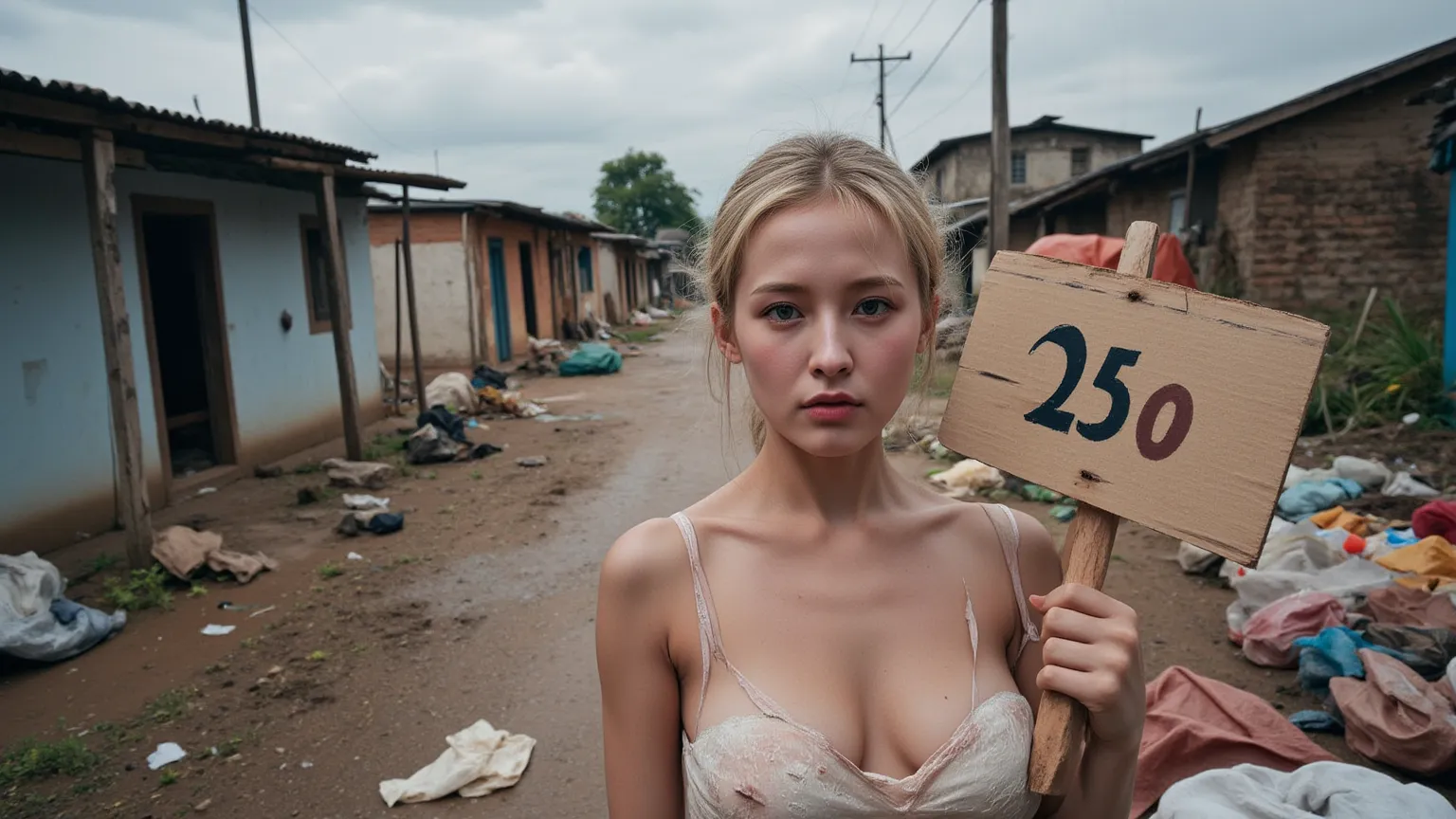  realistic portraits :  view from the front.,ผู้หญิงชาวรัสเซีย  poor    2 คน, 20 years old,  , ผมดำ,  blue eye, big-breasted,   wearing old white underwear  ,  very old underwear   ,dirty,เธอdirty, , her face stained   ,, has clay shards stuck to her body....