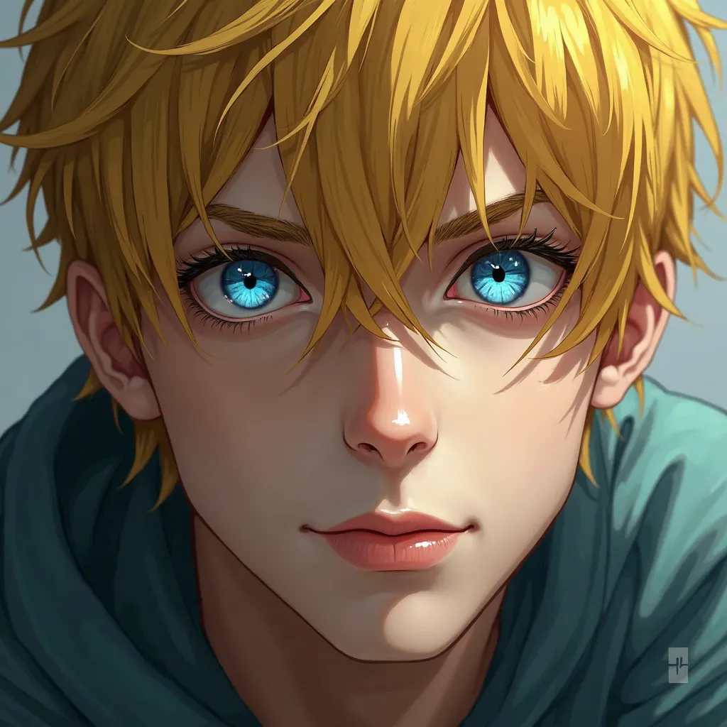 a face of the man, young, yellow hair, blue eyes, look real