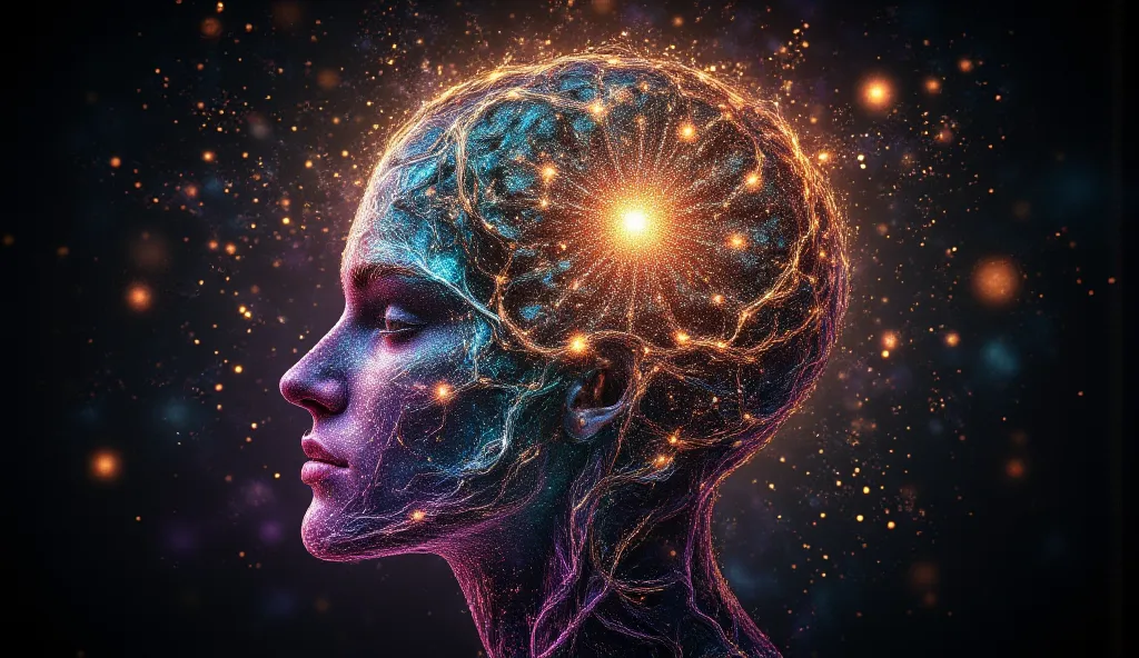  An intricate illustration of a human profile displaying a vivid representation of the brain, with the pineal and pituitary glands prominently featured. The backdrop is adorned with celestial and DNA motifs, creating a fusion of science and mysticism. Use ...