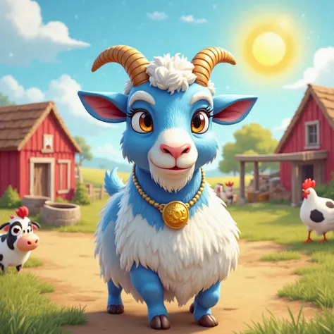 "A cartoon-style farm scene featuring a goat with blue and white fur, symbolizing Argentina. The goat has a serious and determined expression. A golden badge is attached to its side. The background includes a bright sunny day, a red barn, a well, and farm ...