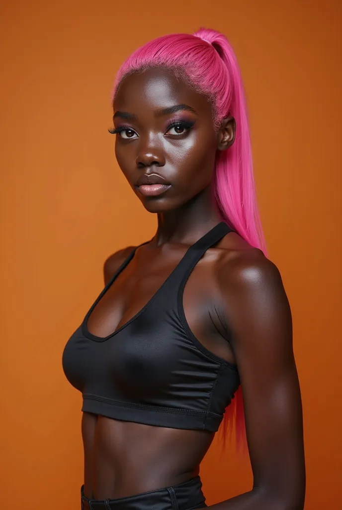 beautiful black woman with pink hair and straight hair,young woman with serious expression,perfect face man,piercing eyes,full lips,soft leather,athletic body, elegant stance ,4k,ultra detailed,artistic photography,portrait,studio lighting,vibrant colors,s...