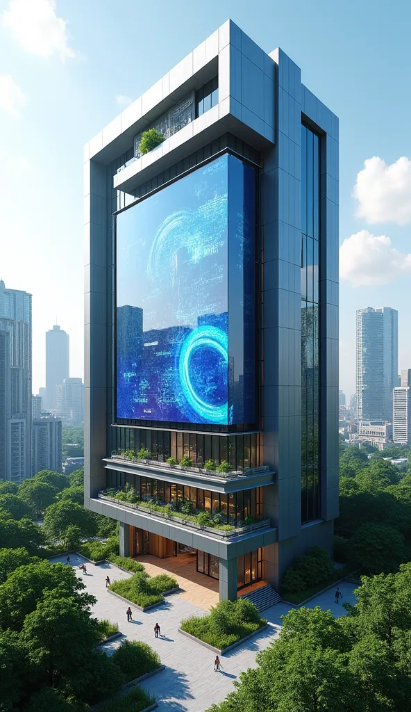 This is a picture of a sophisticated futuristic corporate building with an amazing urban design decorated with a large screen and green gardens,