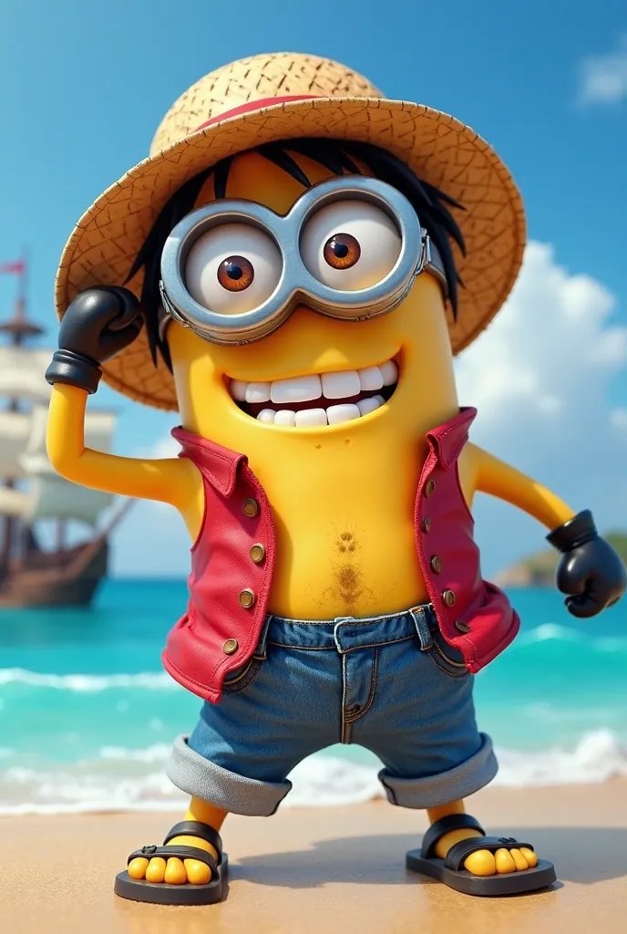 A Minion dressed as Monkey D. Luffy, wearing an open red vest, shorts jeans, sandals and an iconic straw hat. He has a big smile and is stretching his rubber arm to throw a powerful punch. The background shows a vibrant blue ocean and a pirate ship in the ...